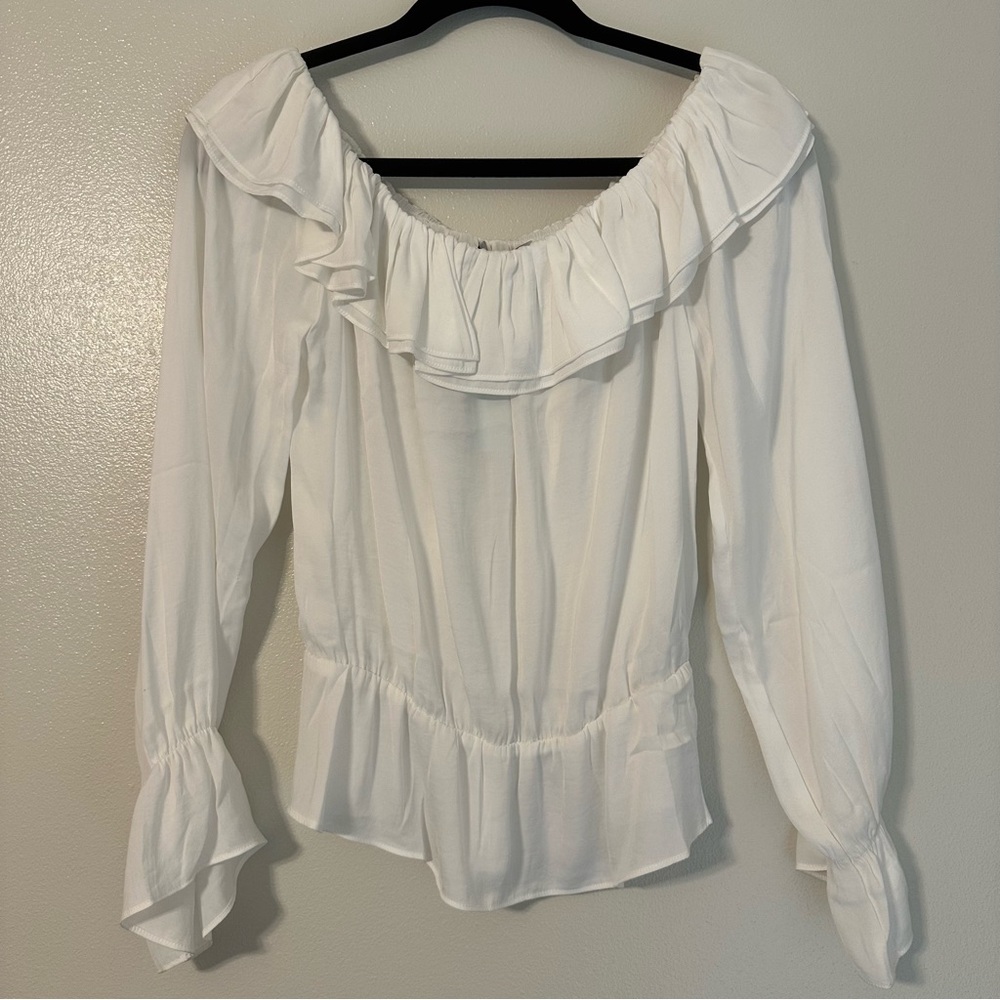 Naked Zebra Off Shoulder Peplum Blouse with Long Sleeves - White